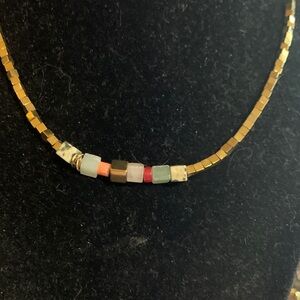 Gold Beaded Necklace with Multicolor Cube Accents